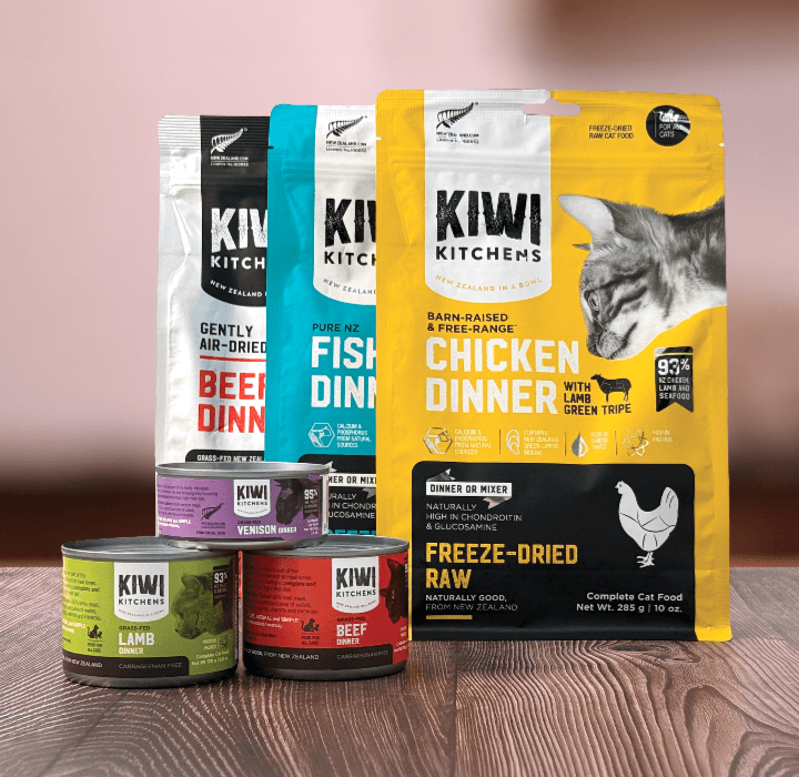 A variety of kiwi kitchens cat food products