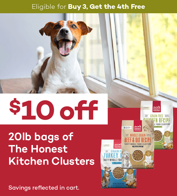 Eligible for Buy 3, Get the 4th Free. $10 off. 20lb bags of The Honest Kitchen Clusters. Savings reflected in cart.