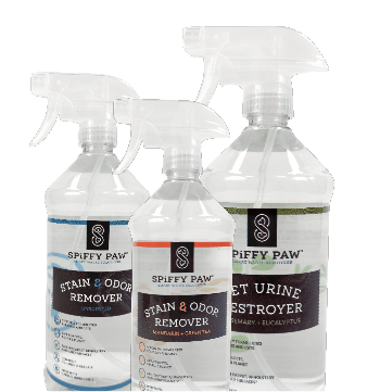 Bottles of Spiffy Paw stain remover spray