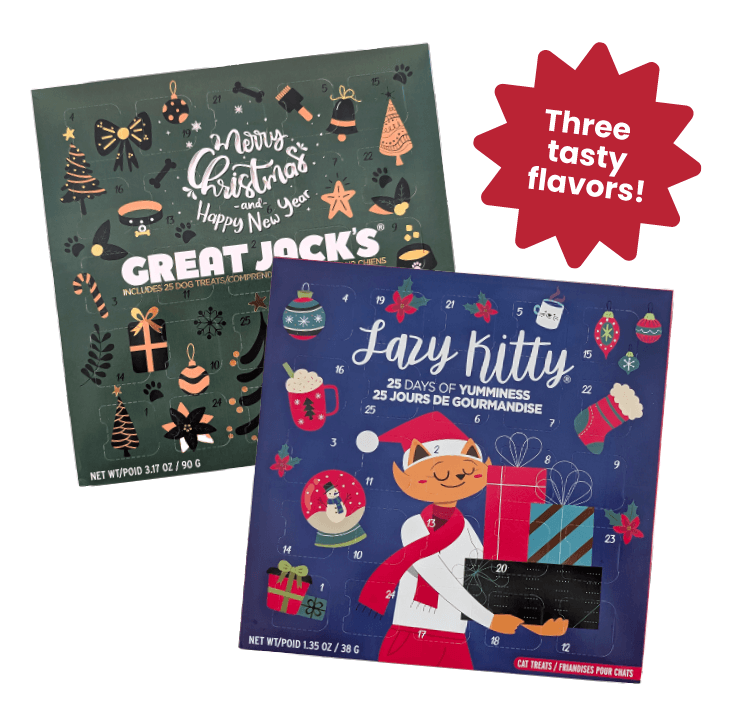 Two holiday advent calendars below the words 'Three tasty flavors'