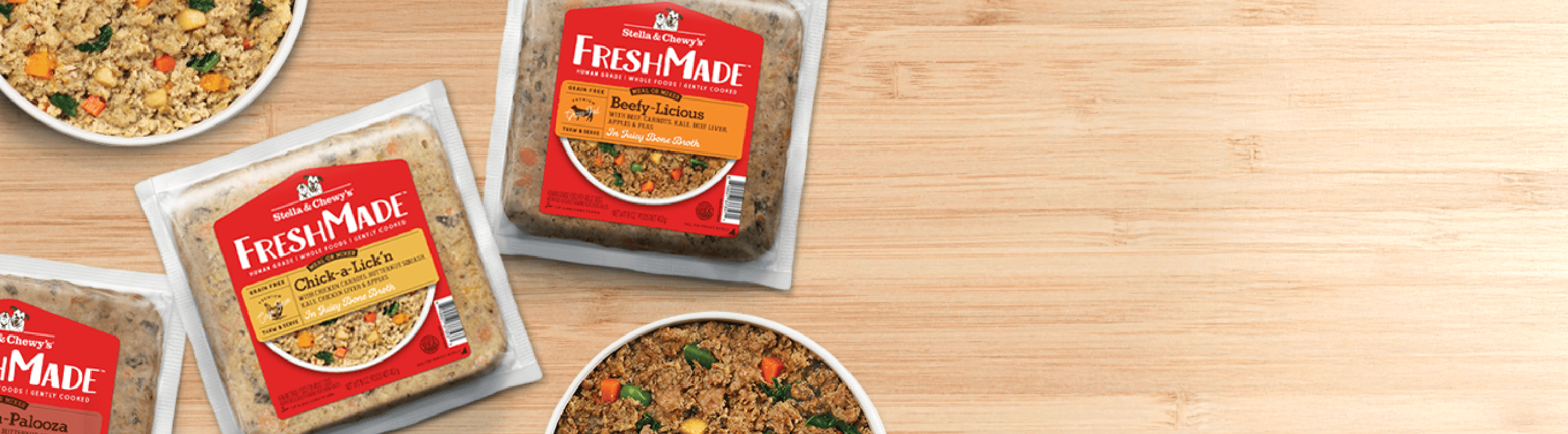 Overhead view of Stella and Chew products on a light colored wooden table