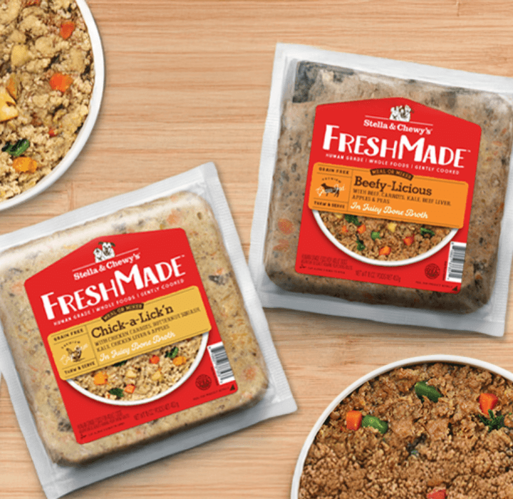 Overhead view of Stella and Chew products on a light colored wooden table