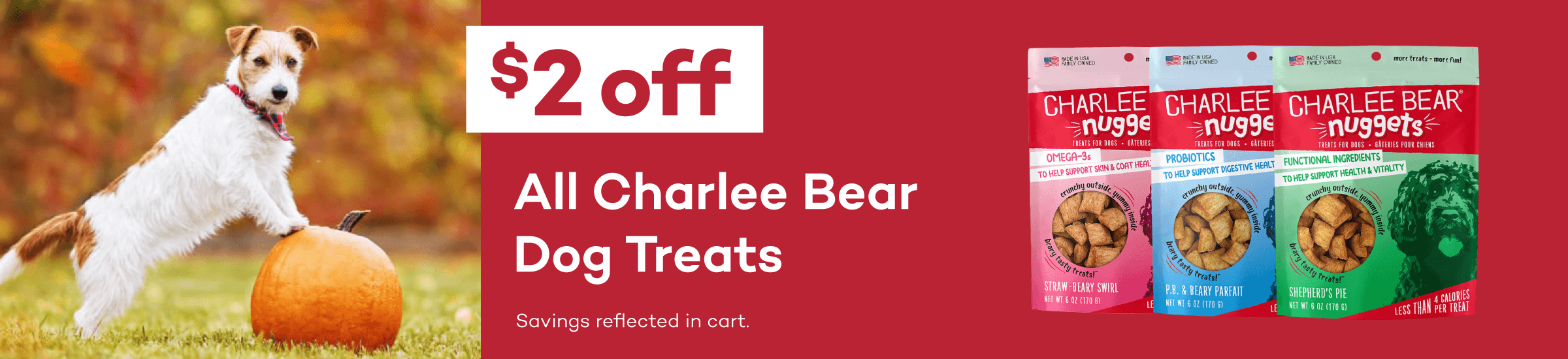 $2 Off All Charlee Bear Dog Treats. Savings reflected in cart.