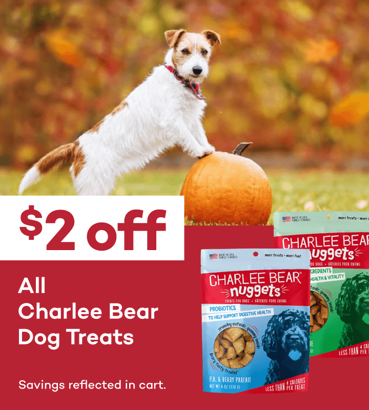$2 Off All Charlee Bear Dog Treats. Savings reflected in cart.