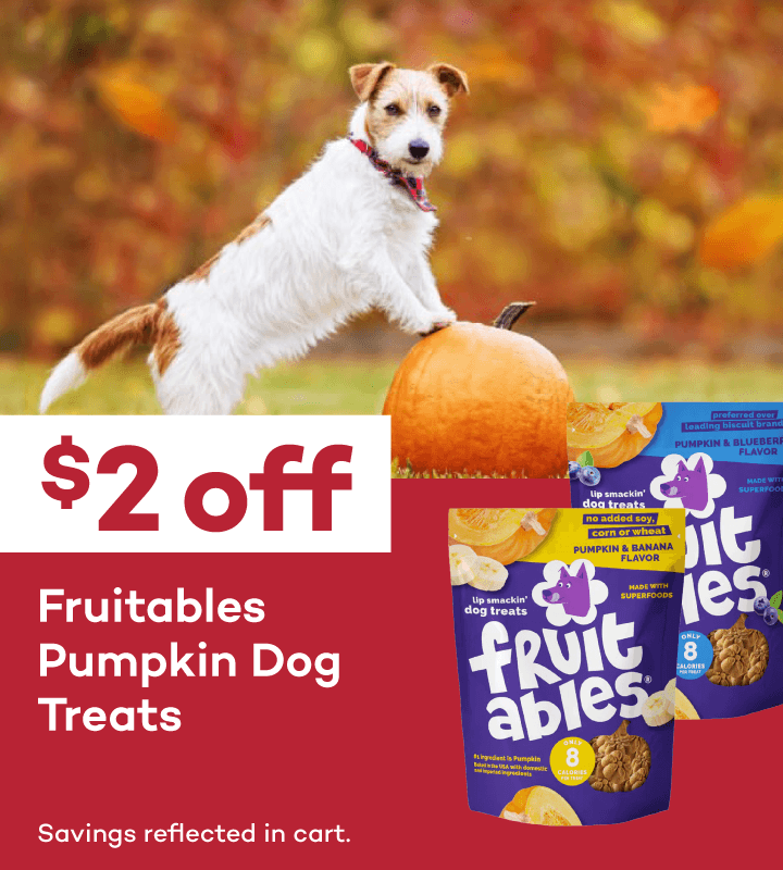 $2 Off Fruitables Dog Treats. Savings reflected in cart.