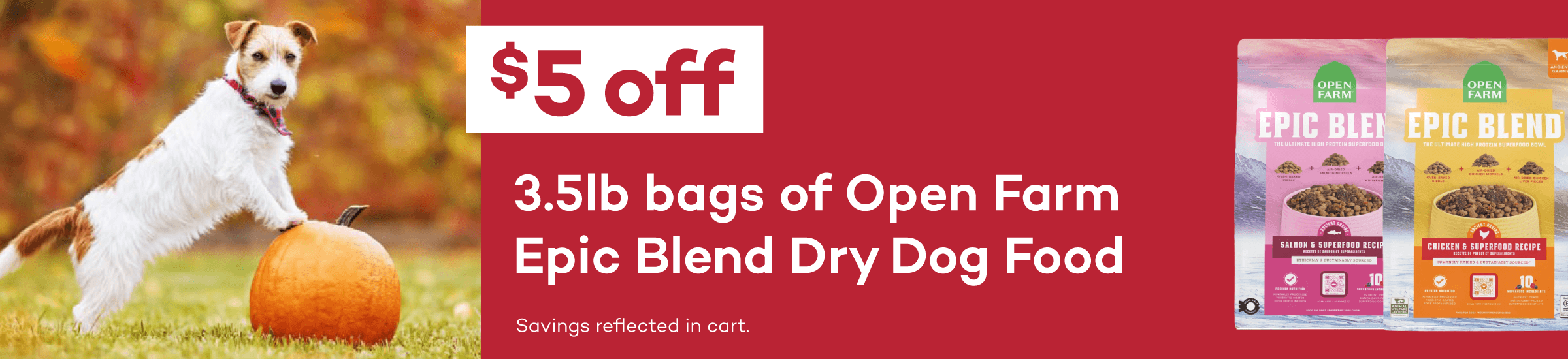 $5 Off 3.5lb Bags of Open Farm Epic Blend Dry Dog Food. Savings reflected in cart.