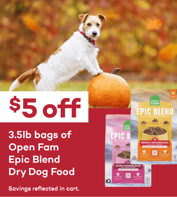 $5 Off 3.5lb Bags of Open Farm Epic Blend Dry Dog Food. Savings reflected in cart.