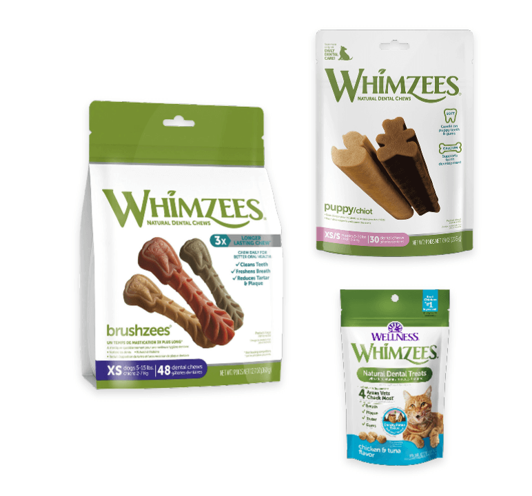 An assortment of whimzees dental chew products