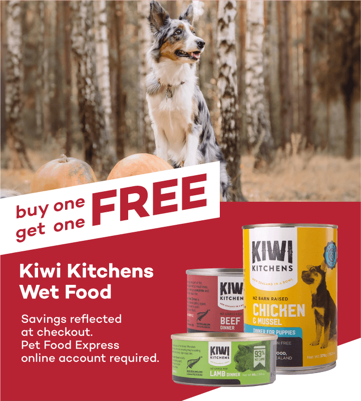 buy one get one FREE Kiwi Kitchens Wet Food. Savings reflected at checkout. Pet Food Express online account required.