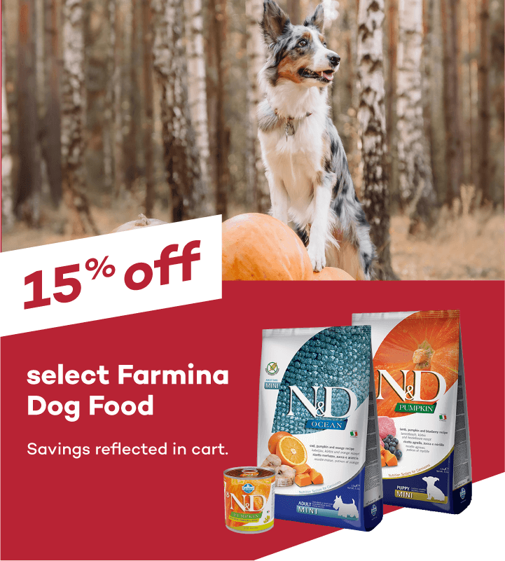 15% off select Farmina Dog Food. Savings reflected in cart.