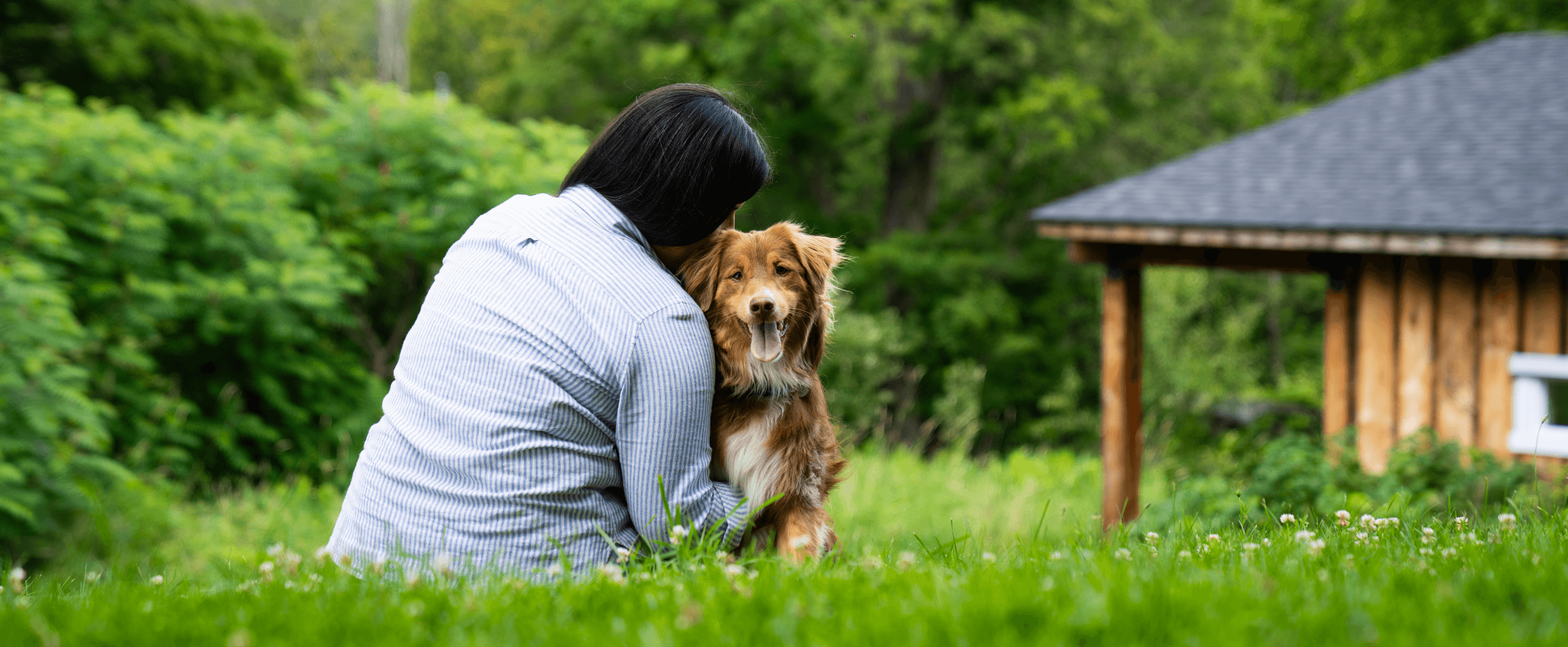 Woman hugs dog with woods in the background