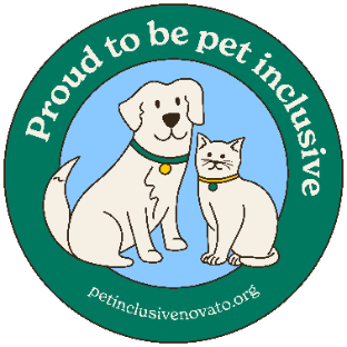 Dog and cat graphic with text 'Proud to be pet inclusive; petinclusivenovato.org