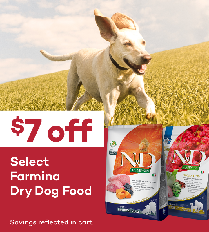 $7 Off Select Farmina Dry Dog Food. Savings reflected in cart.