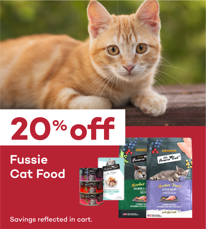 20% Off Fussie Cat Food. Savings reflected in cart.