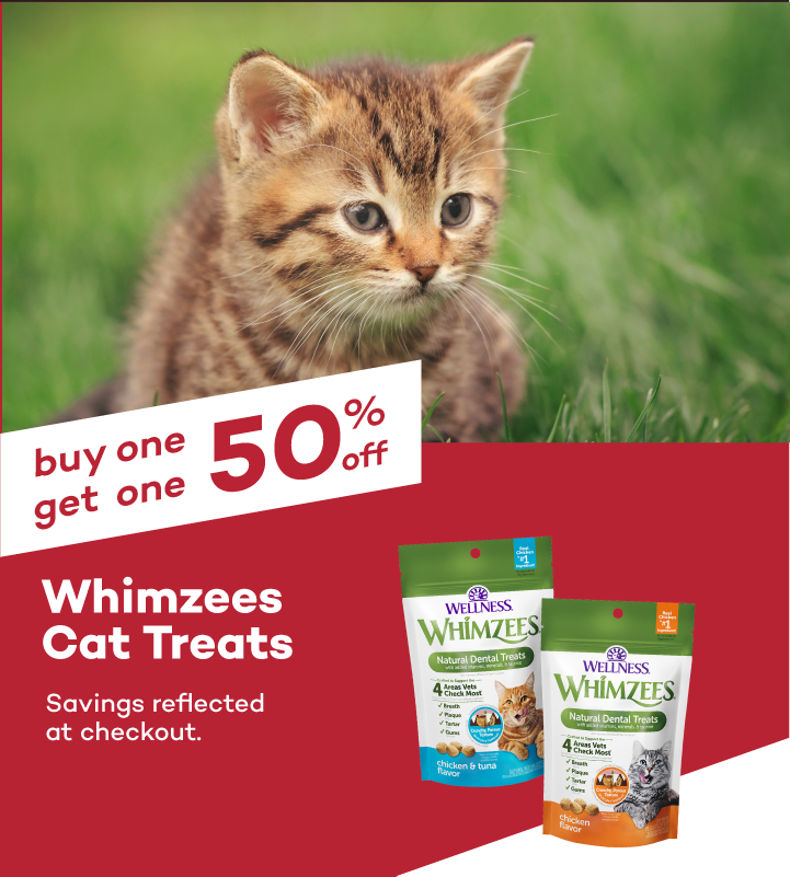 Buy one, get one 50% off Whimzees Cat Treats. Savings reflected at checkout. Pet Food Express online account required.