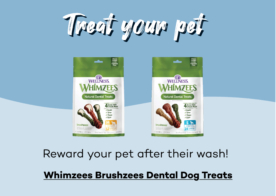 Treat your pet! Reward your pet after their wash! Click here to shop Whimzees Brushzees Dental Dog Treats!