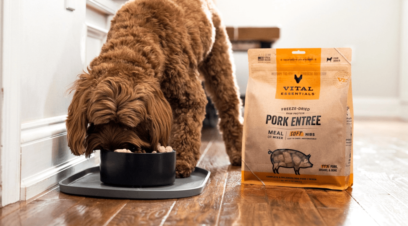 Doodle eats from bowl on wood floor next to Vital Essentials food bag.