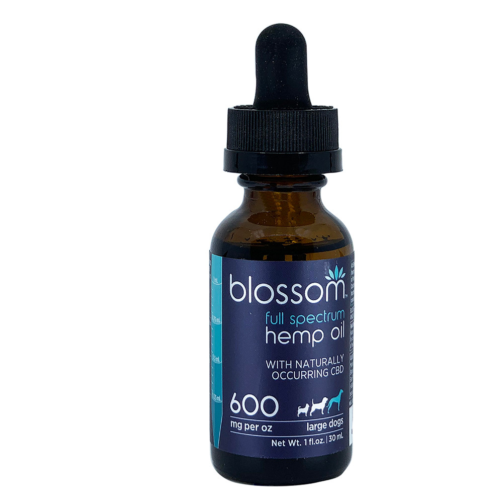click here to shop Blossom Full Spectrum Hemp Oil 600 mg for Large Dogs, 1 fl oz