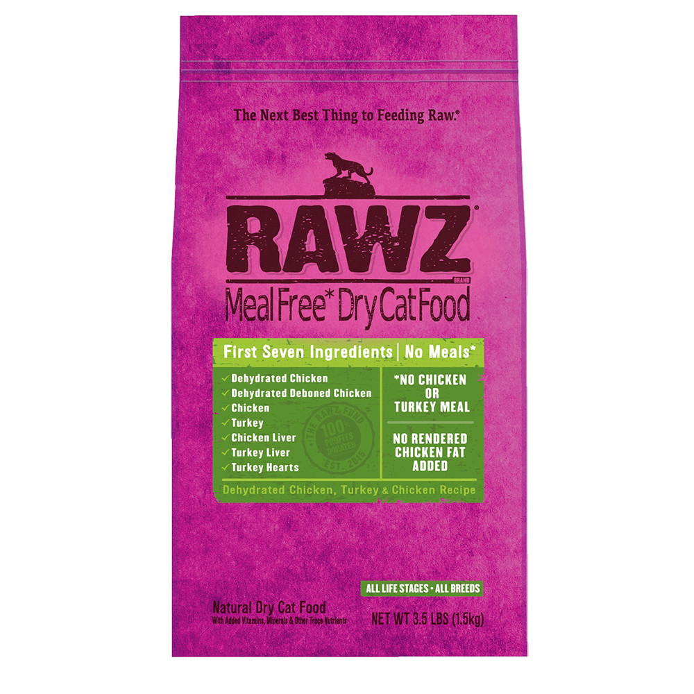 click here to shop RAWZ Dehydrated Chicken, Turkey & Chicken Recipe Natural Dry Cat Food.