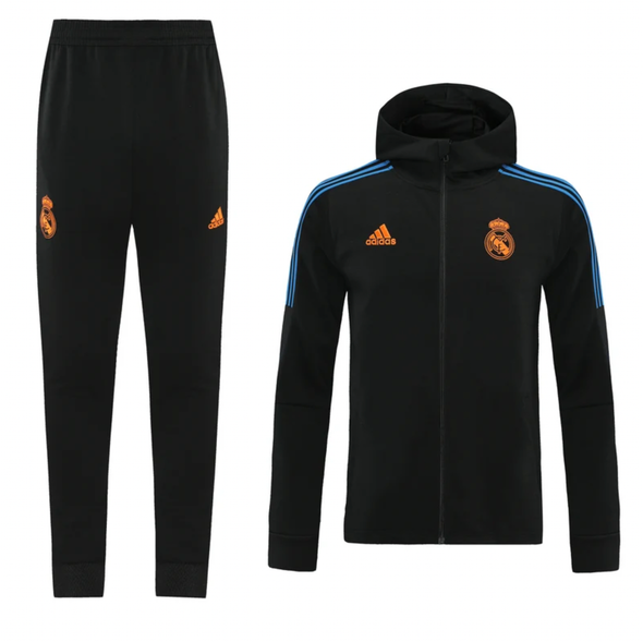 Real Madrid 21/22 Men's Black-Black Long Zip Hoodie Tracksuit