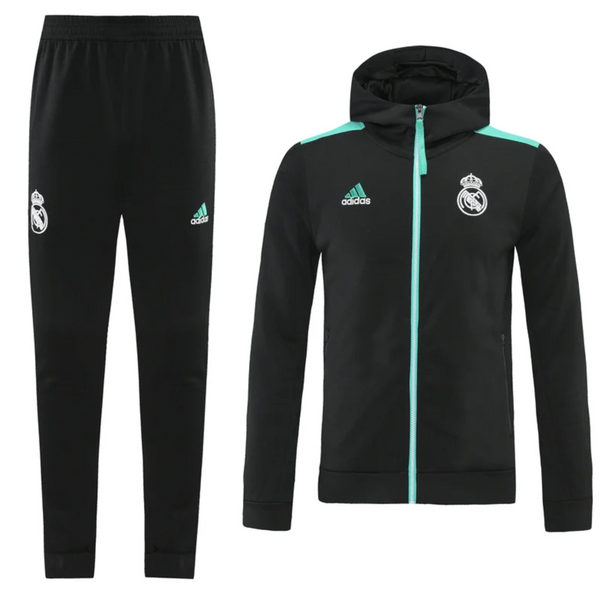 Real Madrid 21/22 Men's Black with Turquoise Long Zip Hoodie Tracksuit