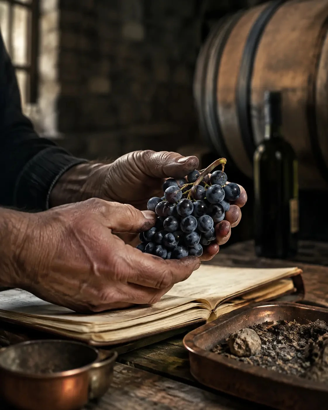 Winemaker examining grapes and vineyard notes in a working cellar