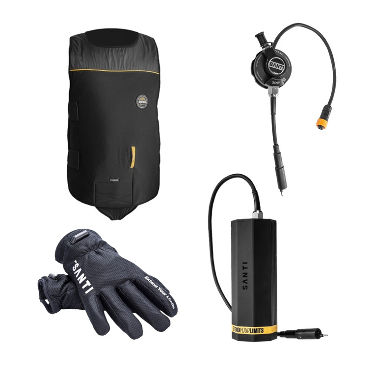 The Santi Heating Systems Rec Package 1 provides recreational divers with everything needed for a warm and comfortable days diving. This all-in-one heating package includes the Santi Heated Vest 2.0, Santi Heated Gloves, Santi Thermovalave and the Santi 9 Ah Battery.