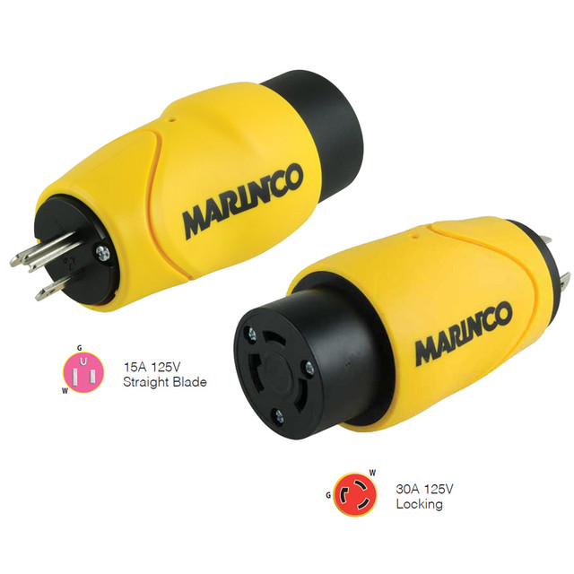 Marinco Straight Adapter 15Amp Straight Male to 30Amp Locking Female Connector Marinco 43.99 Explore Gear