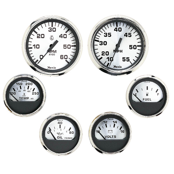 Faria Spun Silver Box Set of 6 Gauges f/ Inboard Engines - Speed, Tach, Voltmeter, Fuel Level, Water Temperature Oil Faria Beede Instruments 302.99 Explore Gear