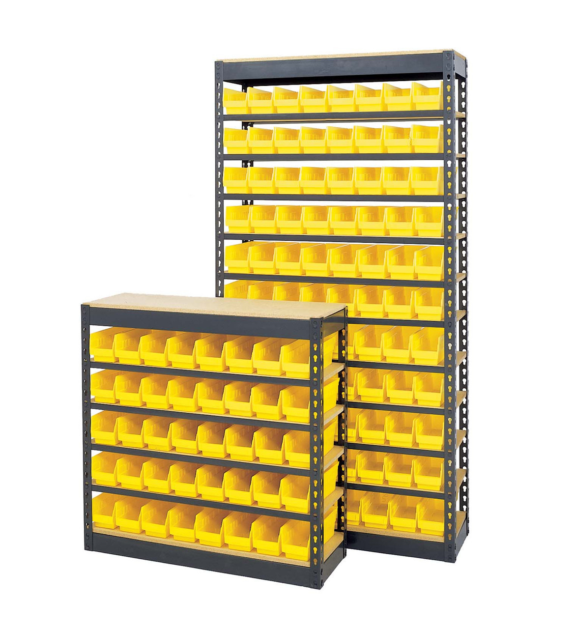Material Flow 72-inch bin shelving unit with 55 storage bins for warehouse organization
