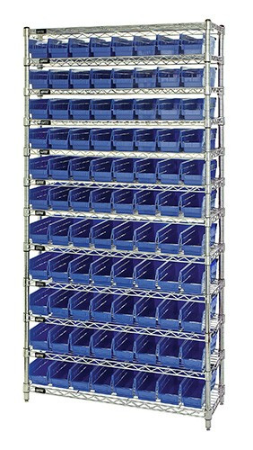 Quantum WR12-101 Economy 4" Shelf Bin Wire Shelving Systems - Complete Packages with Blue Bins