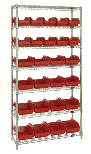 Quantum Heavy Duty Wire Shelving with 10 Red QuickPick Bins