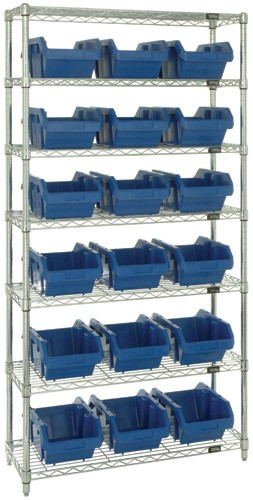 Quantum Heavy Duty Wire Shelving With 18 Blue QuickPick Bins