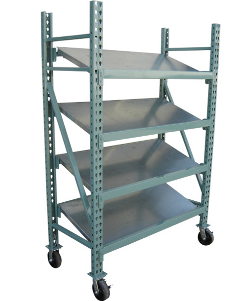 Keneco Slide Rack with galvanized drop-in trays angled for efficient picking