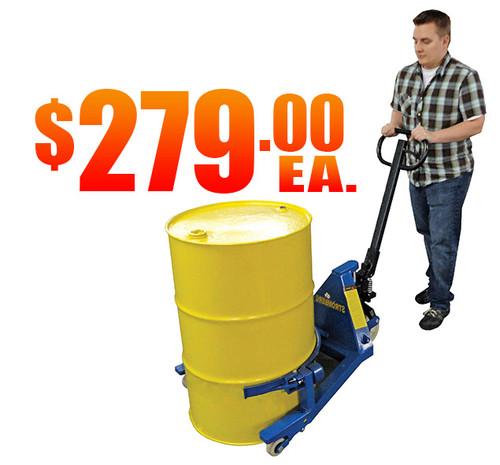 Material Flow CTY30 Drum Pallet Truck lifting a 55-gallon steel drum