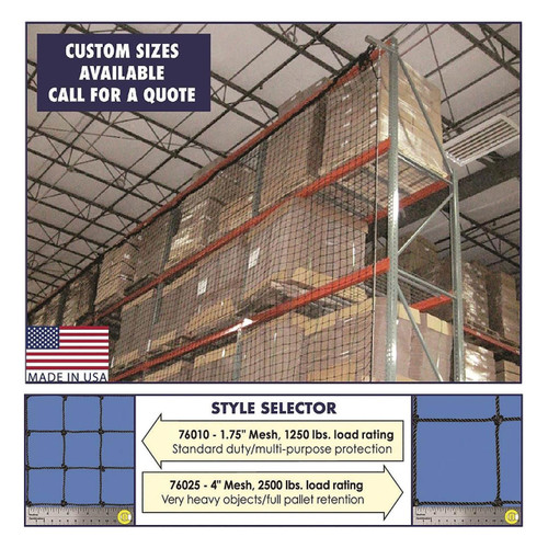 Carron Net & Material Flow 120" High Pallet Rack Guard Net Systems - 4" Square Mesh Netting