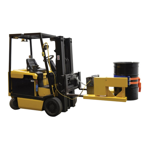 Vestil DCR-205-12-DC Fork Truck Drum Carrier Rotator with 12V DC Battery Powered Rotation in use Vestil DCR-205-12-DC Fork Truck Drum Carrier Rotator with 12V DC Battery Powered Rotation in use