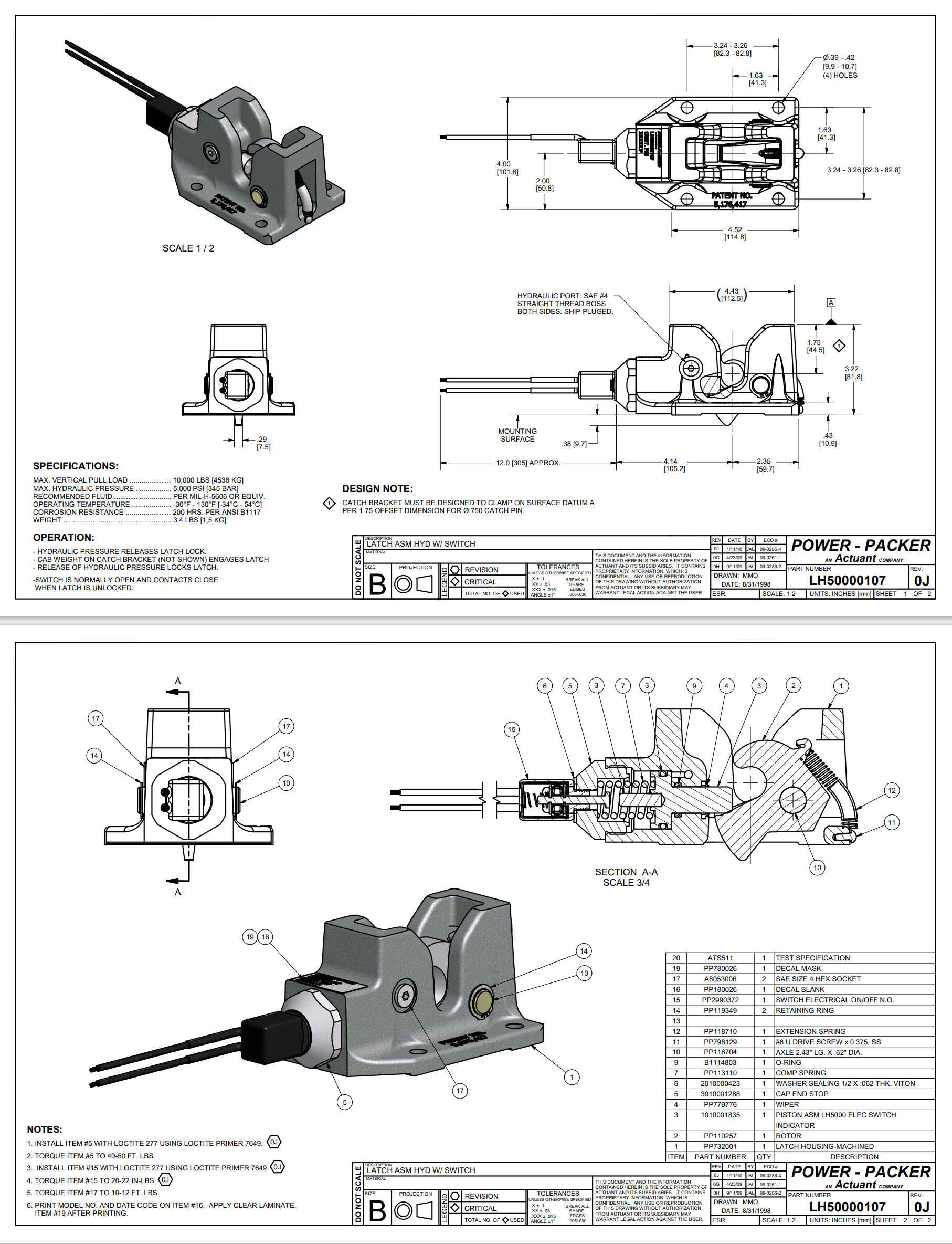 PowerPacker LH50000107 LATCH ASM HYD W/ SWITCH