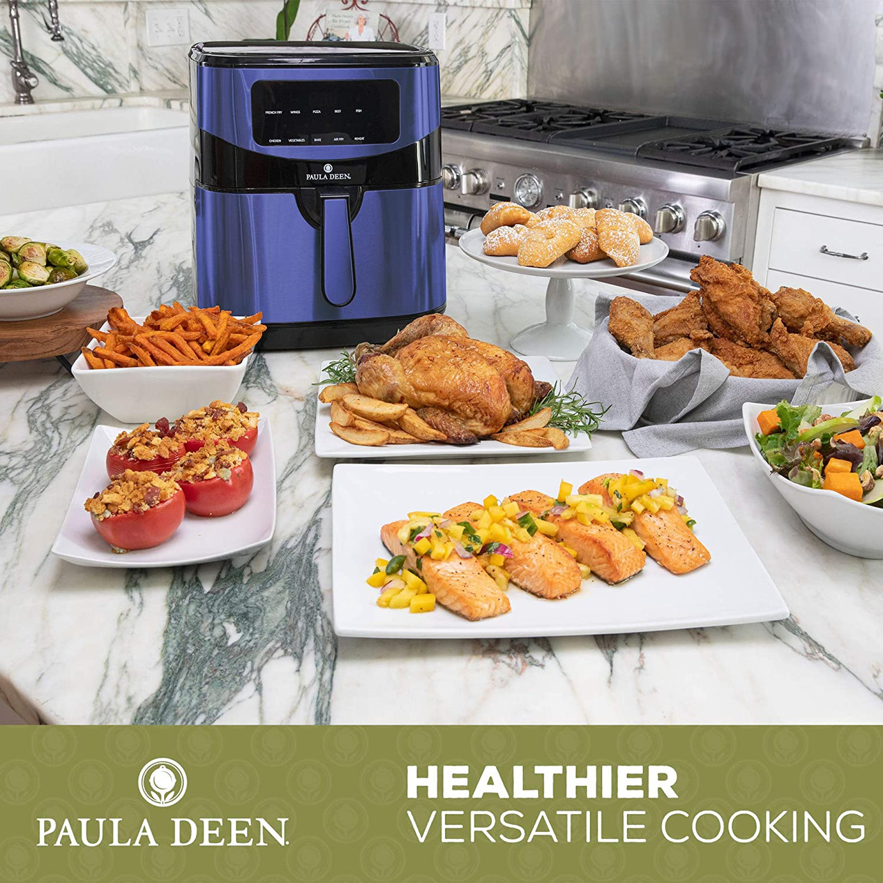 Paula Deen Stainless Steel 10 qt Digital Air Fryer 1700 Watts LED Display 10 Preset Cooking Functions Blue