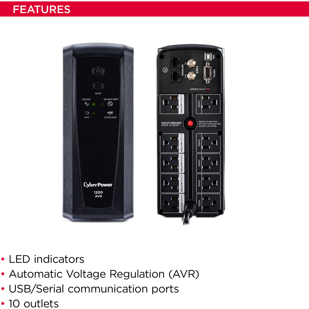 CyberPower CP1200AVR-R AVR 1200VA/720W 8 Outlets, USB Mini-Tower UPS Manufacturer Refurbished