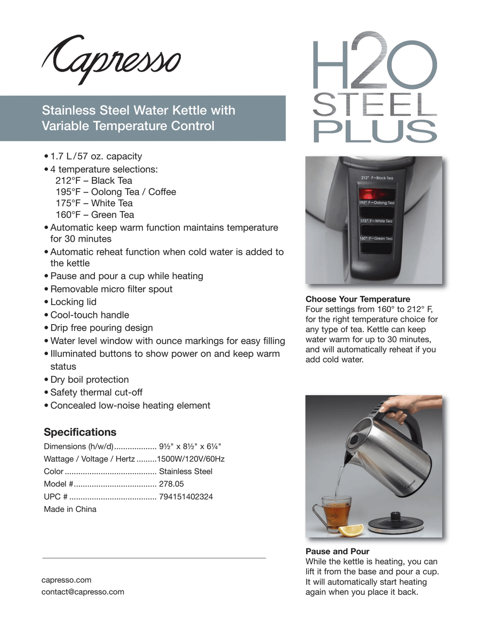 Capresso H20 Steel Plus Electric Water Kettle