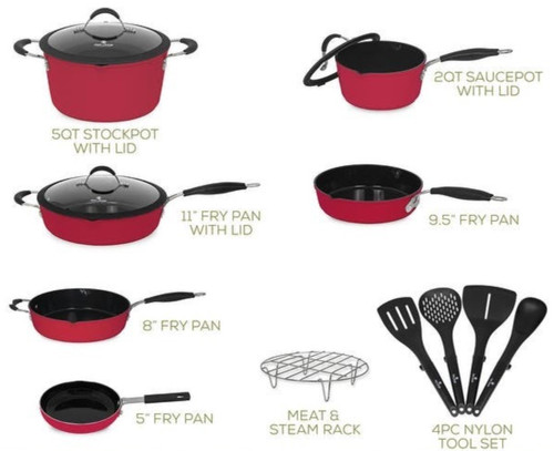 Paula Deen 21994 Signature Dishwasher Safe Nonstick Cookware Pots and Pans  Set, 11 Piece, Red - Gos…