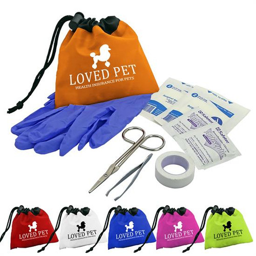 Promotional Pet First Aid Kit with Drawstring - Orange with Black Trim