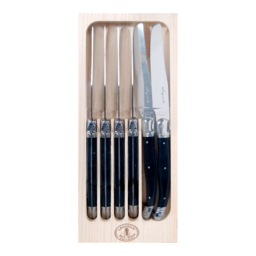 Jean Dubost Deluxe Laguiole 6 Piece Rounded End Serrated Table Knife Set - Black 1.5mm