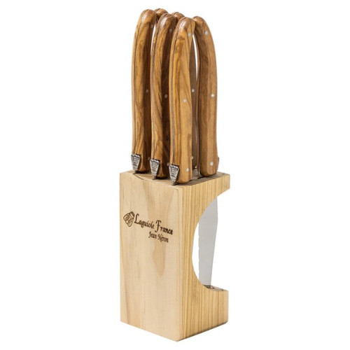 Jean Neron Laguiole 6 Piece Steak Knife Set Olive Wood in Slim Wooden Block AstonJames