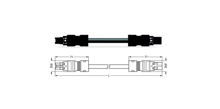 Wago WINSTA® MIDI 2 Pole Cable assembly Plug to Socket. Halogen free 2 x 1.5mm² cable 16Amp/250V Rating. Black Cable, Socket & Plug. Marked L&N. Box Qty 10.