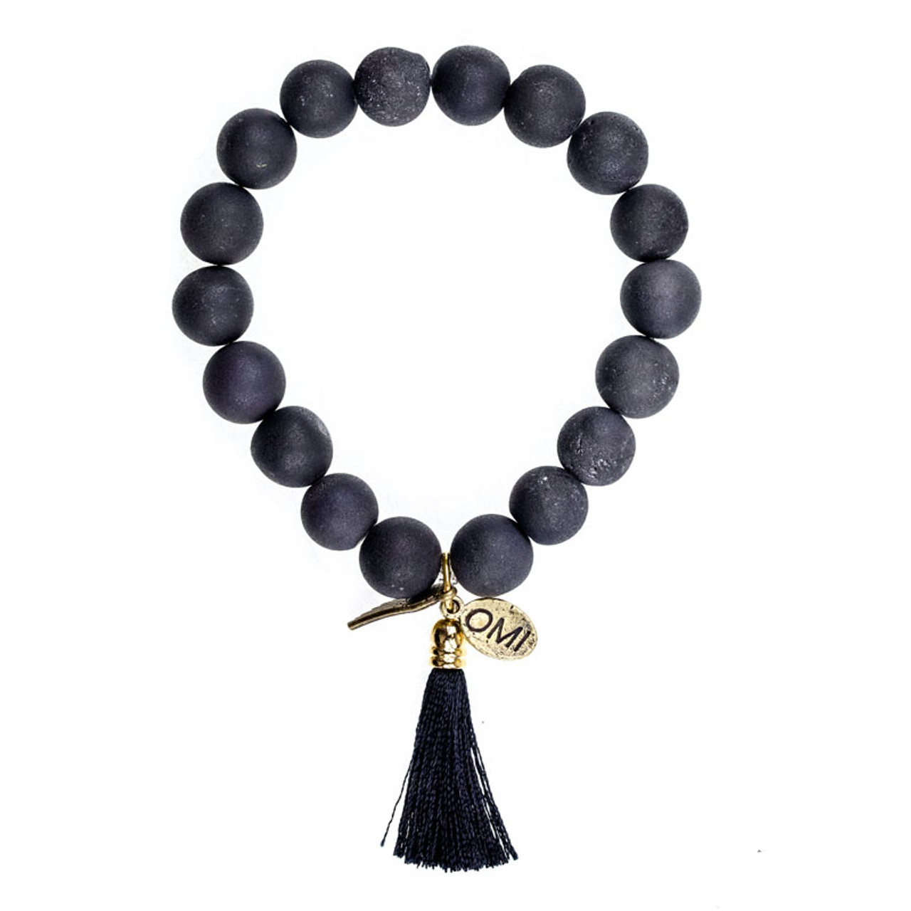Black Agate Bead Bracelet with Damru Charm | fourseven