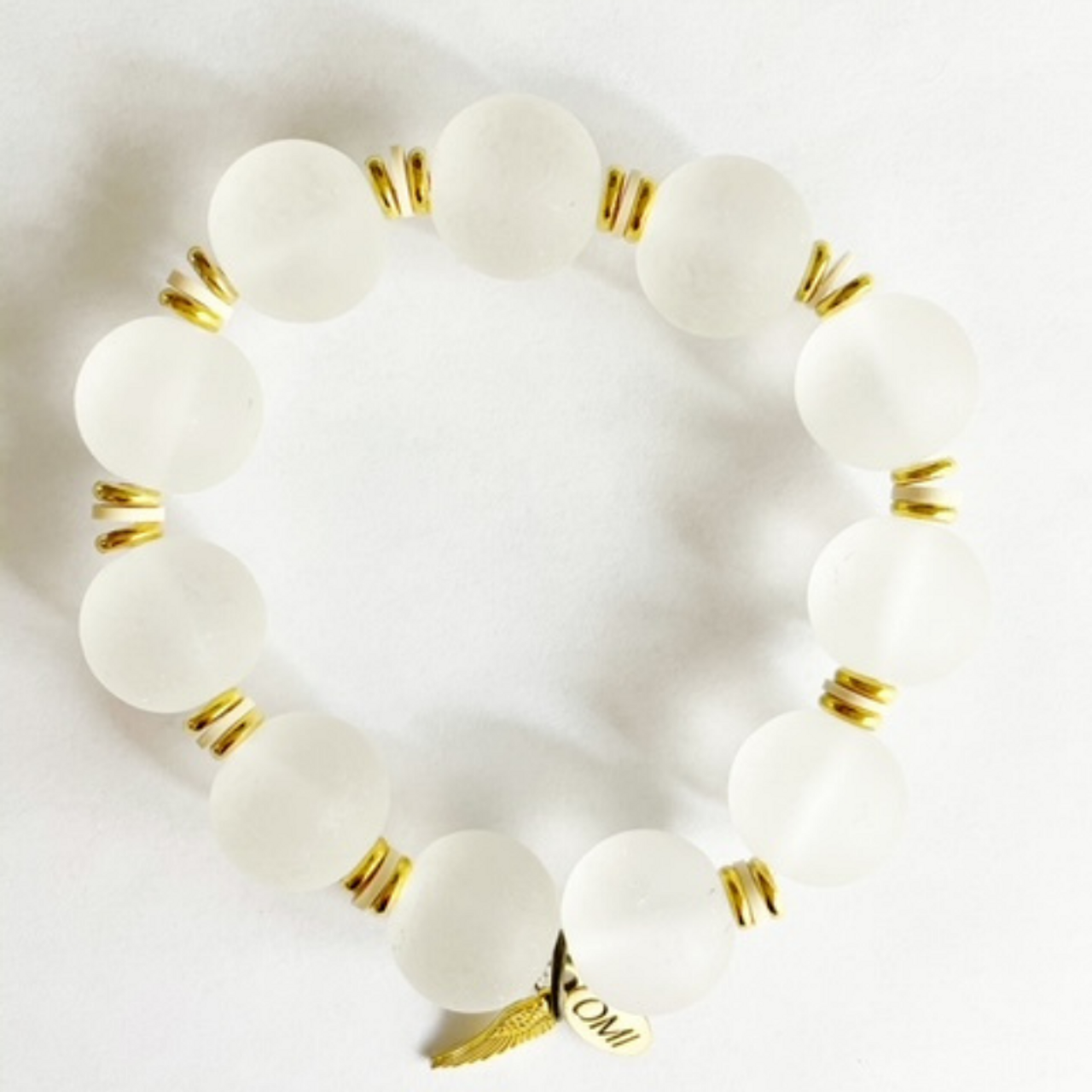 White Wood Big Bead Bracelet with Gold Geometric Bead and Spacers 20mm