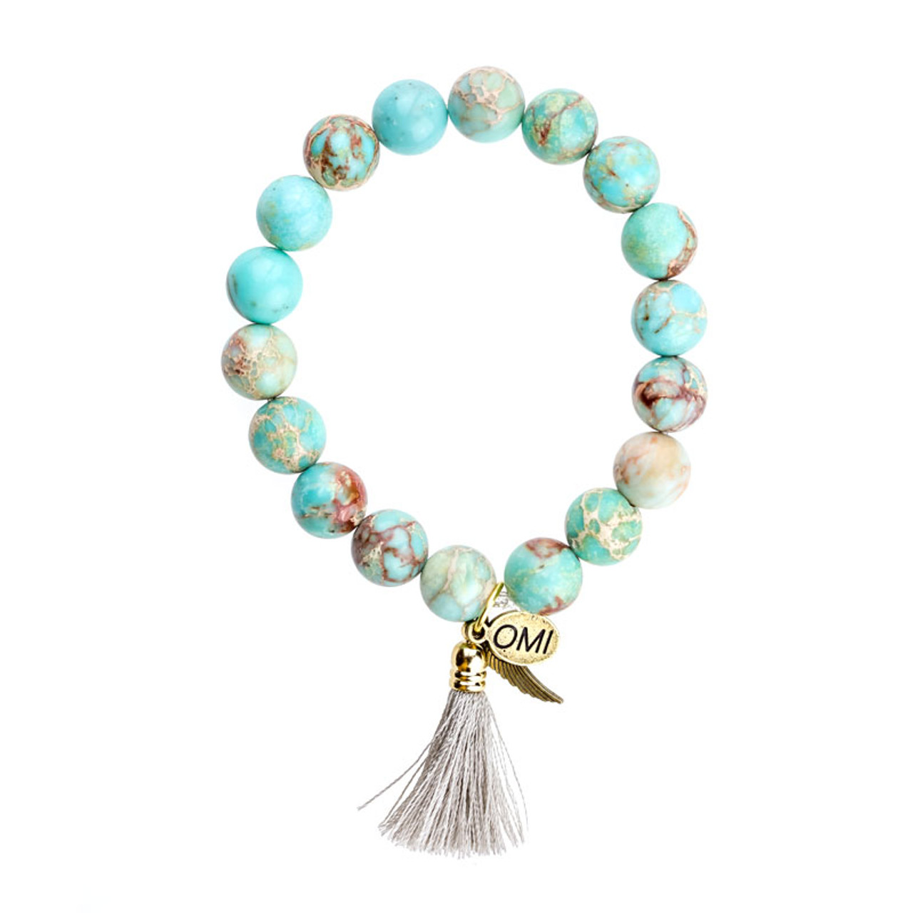 Aqua Marble Stone Bead Bracelet with Tassel - 10mm