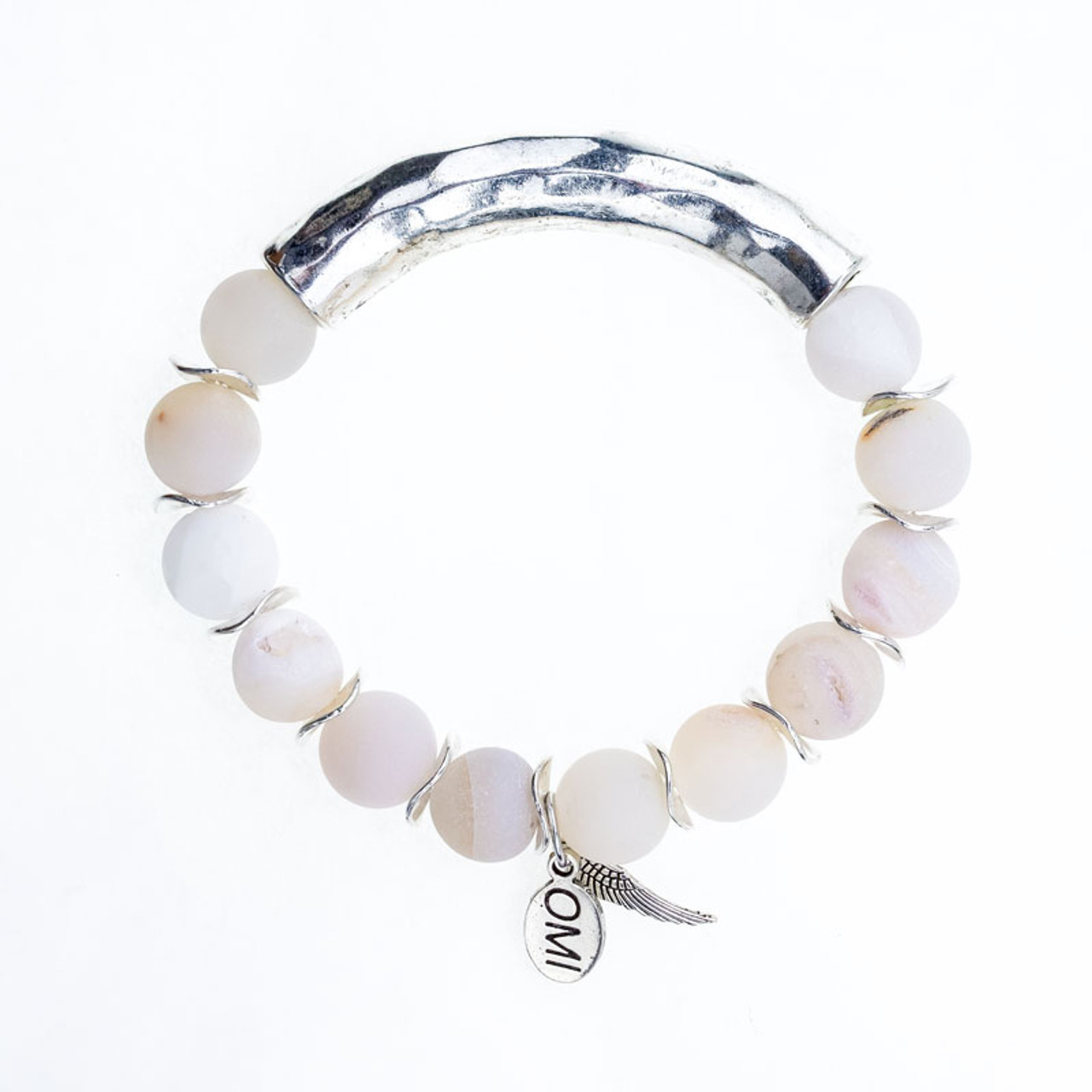 Light Grey Matte Druzy Stone Bead Bracelet with Silver Spacers - 10mm
